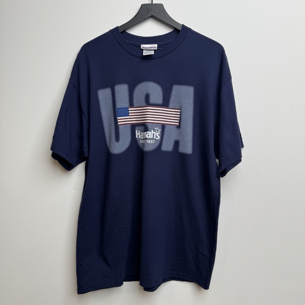 Y2K Harrahs American Flag Shirt Navy XL Cotton USA 4th of July America‎ Men's